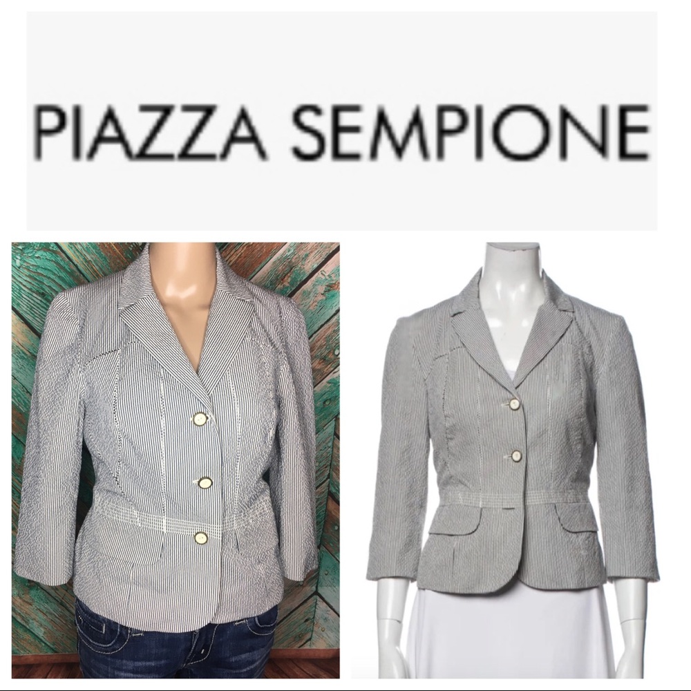 Piazza Sempione Seersucker Striped Blue Blazer Jacket